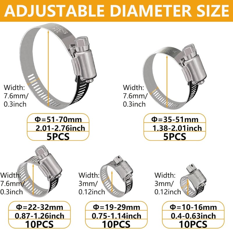 SmaringWing 40 Pack Adjustable Stainless Steel Hose Clamps, 10-70mm Worm Gear Duct Pipe Clamp, Heavy Duty Metal Fuel Line Radiator Hose Clamps Kit for Plumbing, Automotive, Industrial, Garden, Indoor&Outdoor Use - Image 4